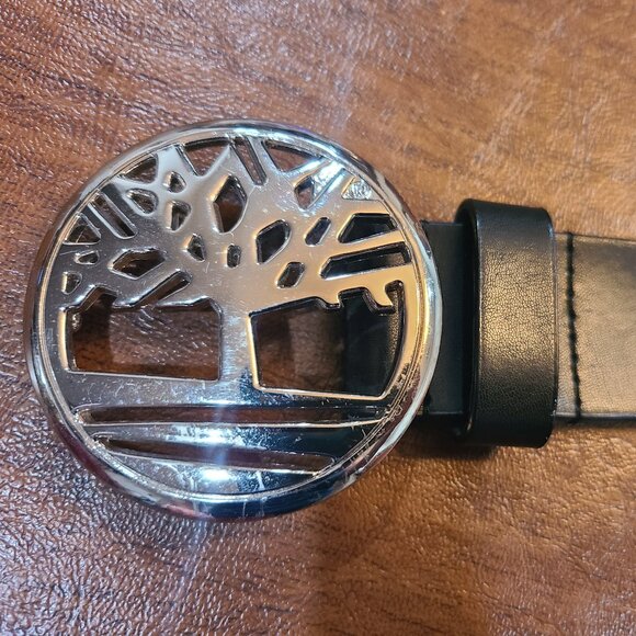 Timberland Tree Logo Black Leather Belt with Silver Buckle - Picture 1 of 7